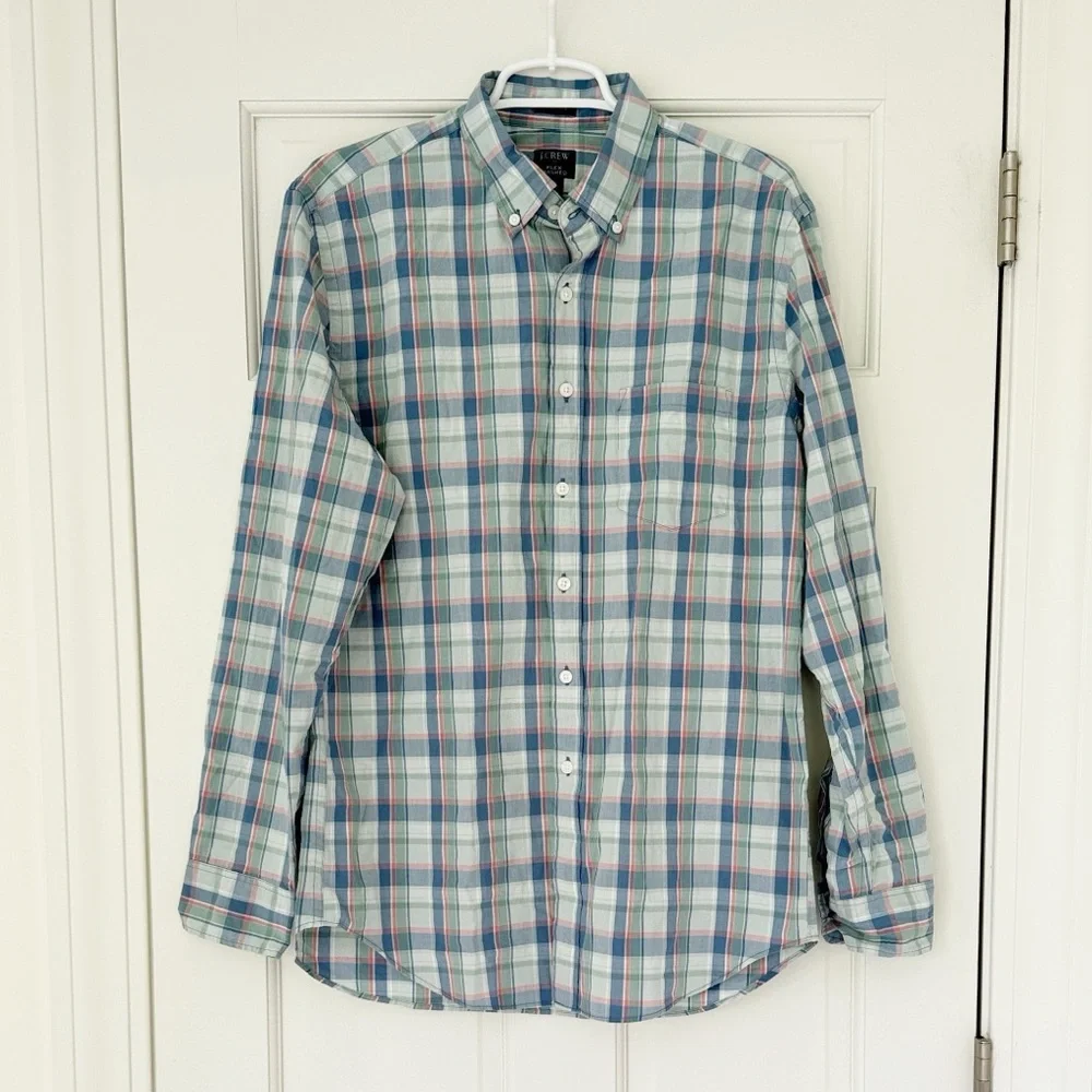 NWT J.CREW button down shirt size M blue green plaid cotton classic flex washed